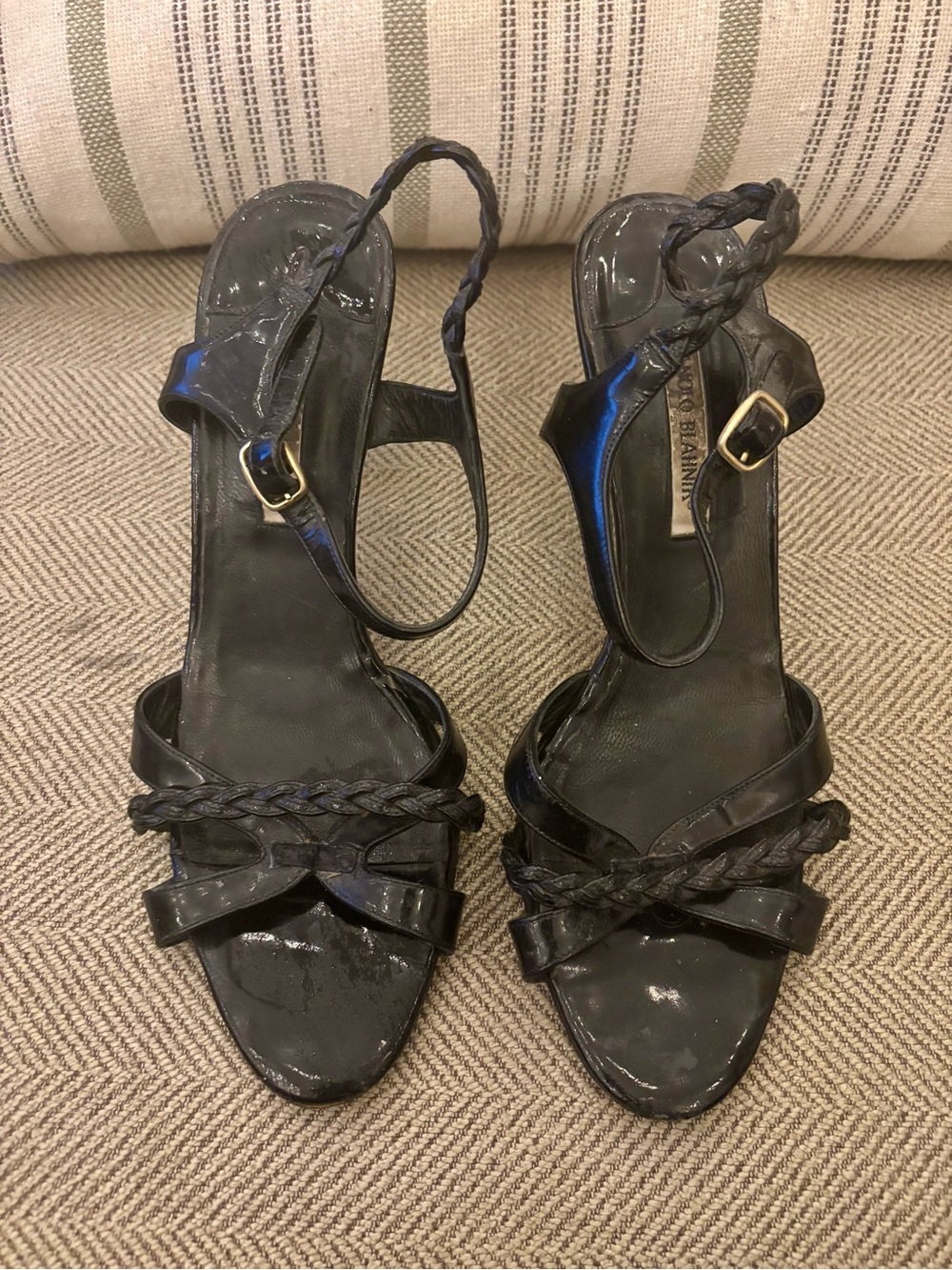 Manolo Blahnik Black Braided Slingback Sandals